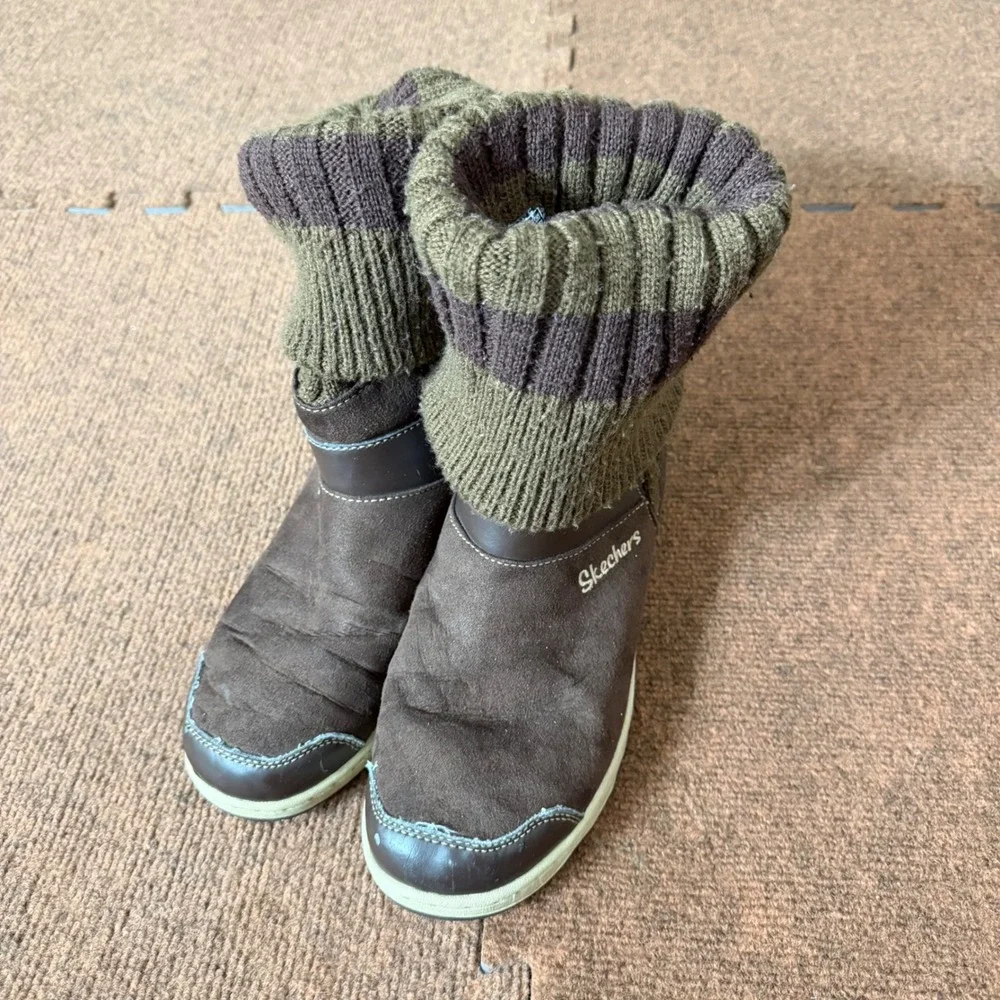 Skechers SN 37040 Womens Brown Suede Knit Sweater‎ Cuff Mid Calf Boots Size 9.5